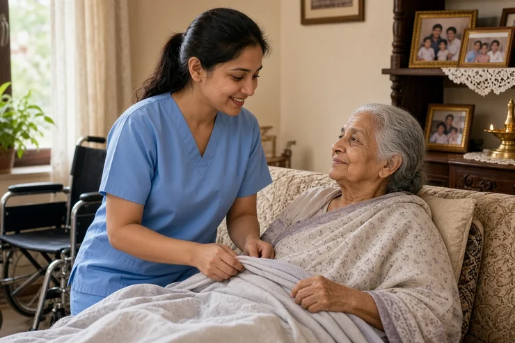 Home nurse tucking a blanket around an elderly Indian woman in a saree at home in Mumbai