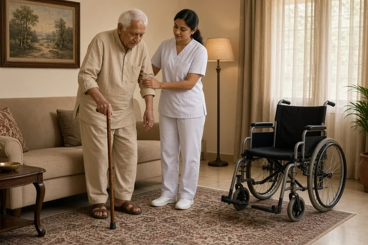 Caregiver helping an elderly Indian man walk with a cane in his living room in Thane