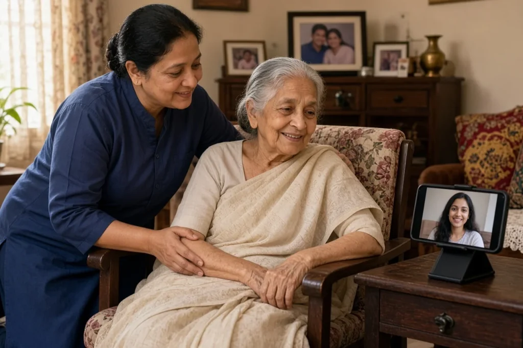 Caregiver helping elderly Indian mother at home in Thane while her daughter abroad joins on a video call