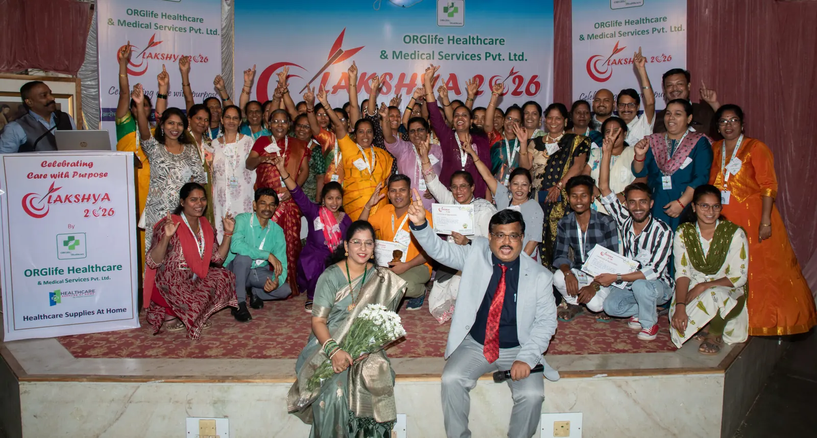 ORGlife Healthcare caretakers, nurses and staff celebrating together at the Lakshya 2026 'Celebrating Care with Purpose' event