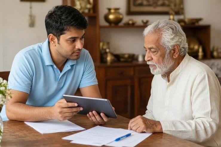 Indian caretaker caring for an elderly patient at home, discussing a care plan on a tablet