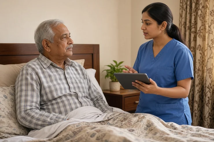 Home nurse with a tablet explaining medicines to an elderly Indian man in bed at home in Mumbai
