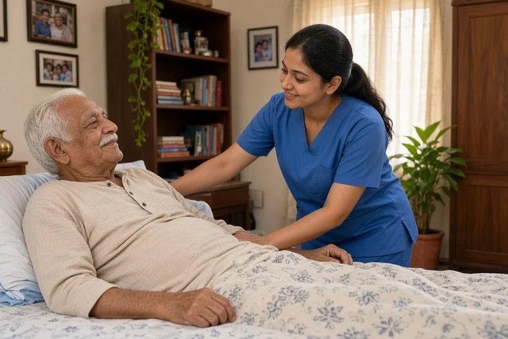 Home nurse checking on an elderly Indian man resting in bed at home after hospital discharge, Navi Mumbai