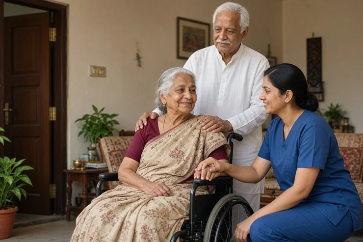 Caregiver holding hands with an elderly Indian woman in a wheelchair at home, husband beside her, Mumbai